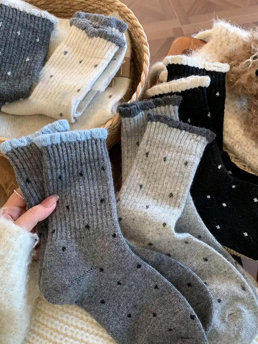 1/5 Pairs Japanese Vintage Polka Dot Wool Mid-Calf Socks, Thickened ...