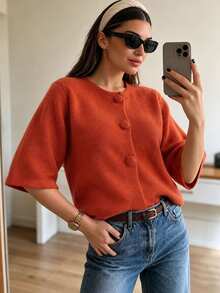 Vintage Plus Size Women's Cardigan, Fleece Knit Round Neck Short Sleeve Front Button Warm Autumn Top - Burnt Orange - View 4