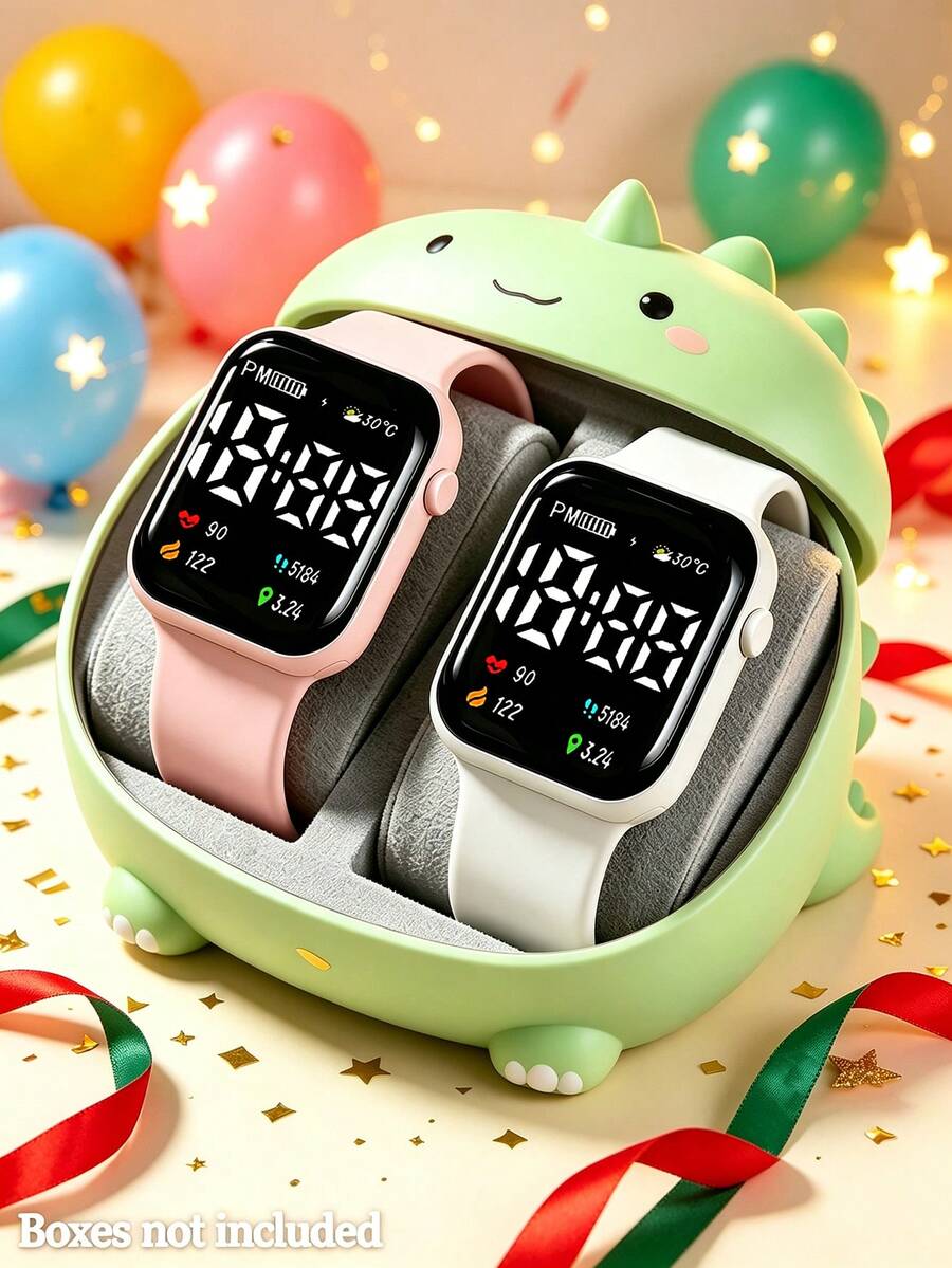 2Pcs Boys & Girls Electronic Watches, Unisex Square LED Digital Display Watch Set, Minimalist Calendar Pattern Display, Perfect For Children's Daily School Wear, Suitable For Home And Gatherings, Also An Ideal Gift Choice For Halloween, Back To School, Thanksgiving And Other Holidays (Gift Box Not Included) - Multicolor - View 1