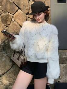 Women's Fall Winter Fuzzy Pearl Beaded Knit Sweater Elegant Lantern‑Sleeve Pullover Tops Date Party Wear Christmas Clothes - Apricot - View 4