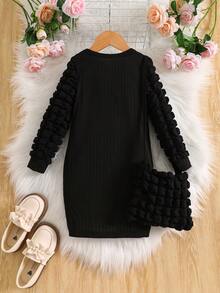 Young Girls Solid Ribbed Bubble Sleeve Knit Dress With Textured Crossbody Bag, Elegant Long Sleeve Puff Sleeve Sweater Dress, Casual Fall Outfits - Black - View 5