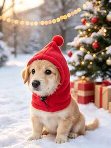 1pc Pet Christmas Hat, Soft Fleece With Pom Pom Hood, Adjustable Drawstring Warm Headwear, Suitable For Cats And Small Dogs, Holiday Party Photo Prop Pet Clothing Accessory, Holiday Pet Photo Accessory - Multicolor - View 10