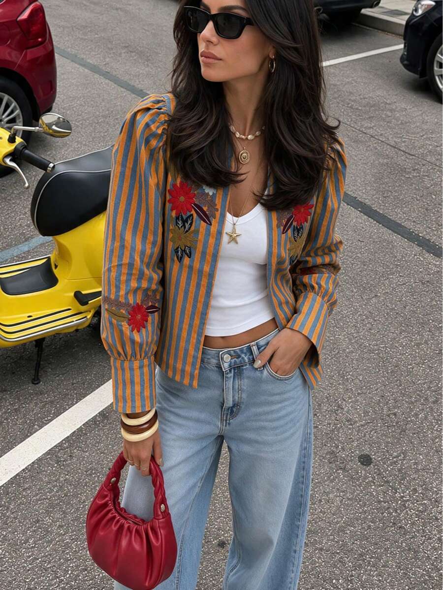 Women's Open Front Printed Embroidered Long Petal Sleeve Round Neck Loose Short Woven Blue & Orange Jacket, Vintage Casual Weekend Outfit, Spring/Autumn - Orange Blue - View 1