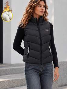 Women's Black Thermal-Lined Quilted , Stand Collar Sleeveless Zip-Up Design With Zipper Pockets For Layering - Black - View 4