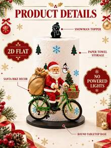 2D FLAT Christmas Decorative Kitchen Paper Towel Holder - Desktop Countertop Roll Holder With Display And Storage Function, Fun Cycling Santa Claus Design, Suitable For Kitchen, Bathroom, Living Room And Dining Room - A - View 3