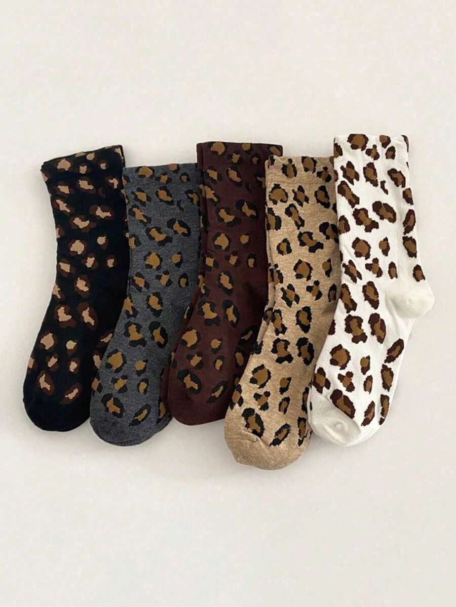 1/5 Pairs Women's Multicolor Crew Socks, Leopard Print, Comfortable, Casual, Breathable, Moisture-Wicking, Fun, Unique, Personalized Gift - Multicolor - View 1