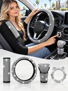 4pcs Sparkling Rhinestone Car Interior Accessories Set For Women, Cat Ear Start Button Ring, No Inner Ring Steering Wheel Cover, Gear Shift Cover And Seat Belt Shoulder Pad - Driver's Seat Set - View 1