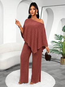 Women's Burgundy Ribbed Asymmetric Collar 2 Pieces Set, Casual Sexy Autumn Outfit, Medium Stretch - Reddish-brown - View 6