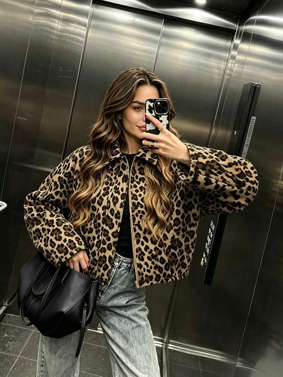 Women's Khaki Leopard Print Short Regular Fit Woven Jacket, Lapel Long Sleeve Zipper Short Top, Vintage Stylish Outerwear, Suitable For Autumn/Winter Daily, Street Style, Commuting, Weekend Outings - Multicolor - View 1