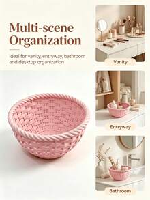 1PC 3D Plastic Woven Storage Basket, Round Decorative Storage Bowl Tray, Bathroom Countertop Small Desktop Organizer, Storage For Cosmetics, Hair Ties - Multicolor - View 7