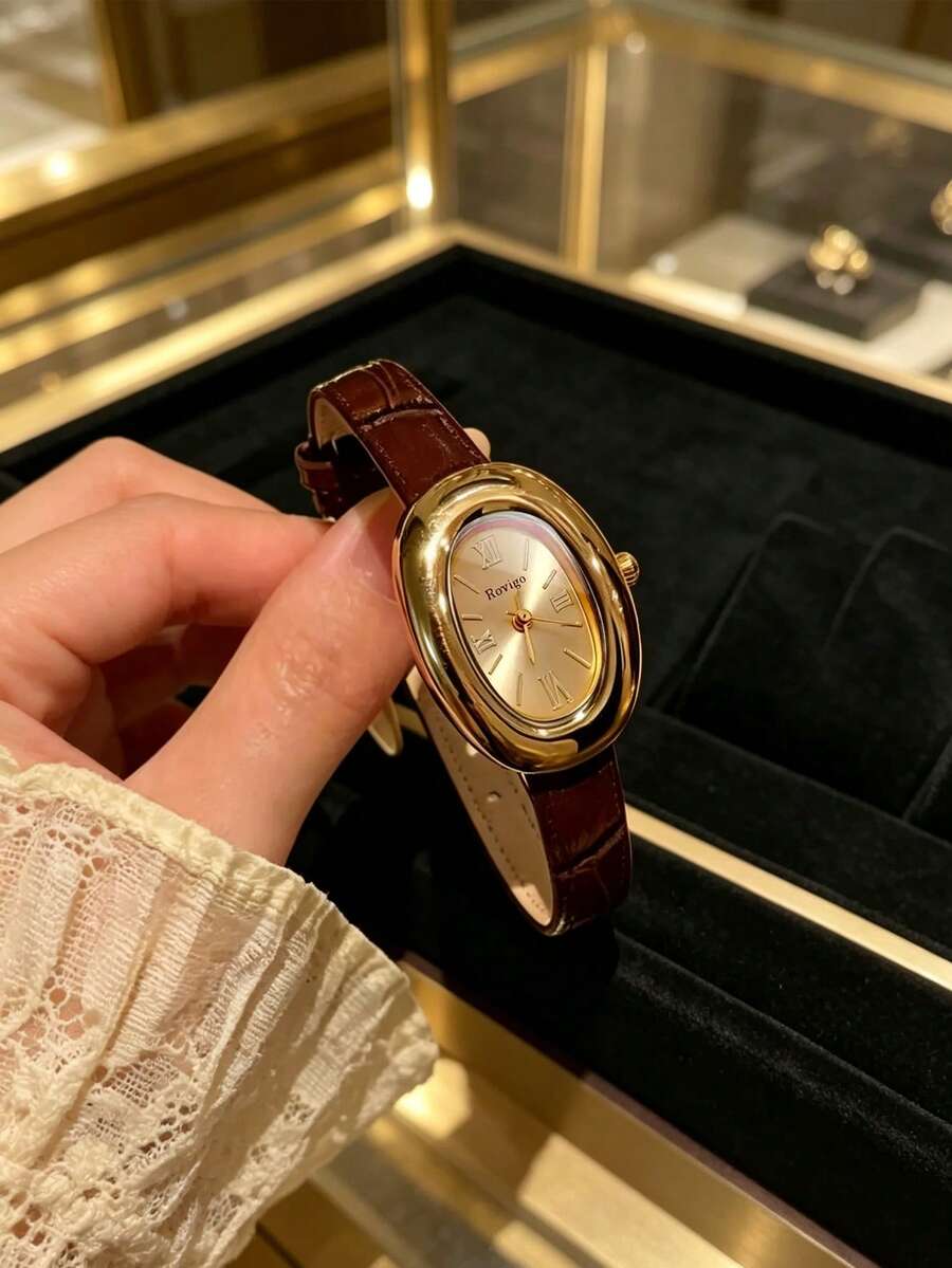 1pc Women's Vintage Oval Egg-Shaped Quartz Watch, Retro Roman Numeral ...