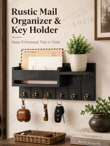 Wooden Wall-Mounted Key Rack, Rustic Decor Key Chain, Mail Organizer With 6 Hooks - Wall-Mounted File Storage Rack, Farmhouse Style Home Entryway Aesthetic Essential, Suitable For Entryway And Living Room Decor - Multicolor - View 3