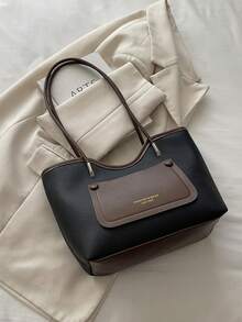 Vintage Colorblock Faux Leather Tote Bag, Front Pocket Design Large Capacity Shoulder Handbag, Suitable For Daily Commute - Multicolor - View 3