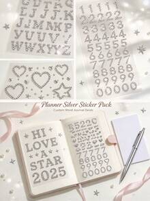 1pc/2pcs/3pcs/4pcs 3D Silver Rhinestone Decor Sticker Set With English Letters, Numbers, Hearts, Stars, Luxury Shiny Texture, Includes Tweezers, Self-Adhesive, Suitable For Phone, Laptop, Camera, Earphones, Water Bottle, Electronic Device Case, Gift Box, Greeting Card, Aromatherapy Container, Storage Box Surface Decoration - one-size - View 8