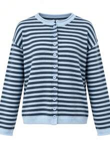 Cardigan Rajut Bergaris untuk Wanita, Lengan Panjang, Leher Bulat, Kancing Depan, Bahu Longgar, Bahan Elastis Sedang, Potongan Reguler, Cocok untuk Musim Gugur & Musim Dingin - Blue and White - View 6