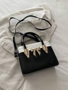 女款純色新款粉色百搭牛仔手提包，小眾高端質感斜挎迷你方型托特包 - 黑色 - 查看 6