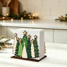 1pc Christmas Wooden Napkin Holder, Five Geen And Three White Christmas Tree Tabletop Napkin Dispenser, Xmas Holiday Dinner Table Decor, Festive Home Kitchen Party Decoration Christmas Gift - Christmas Tree - View 6