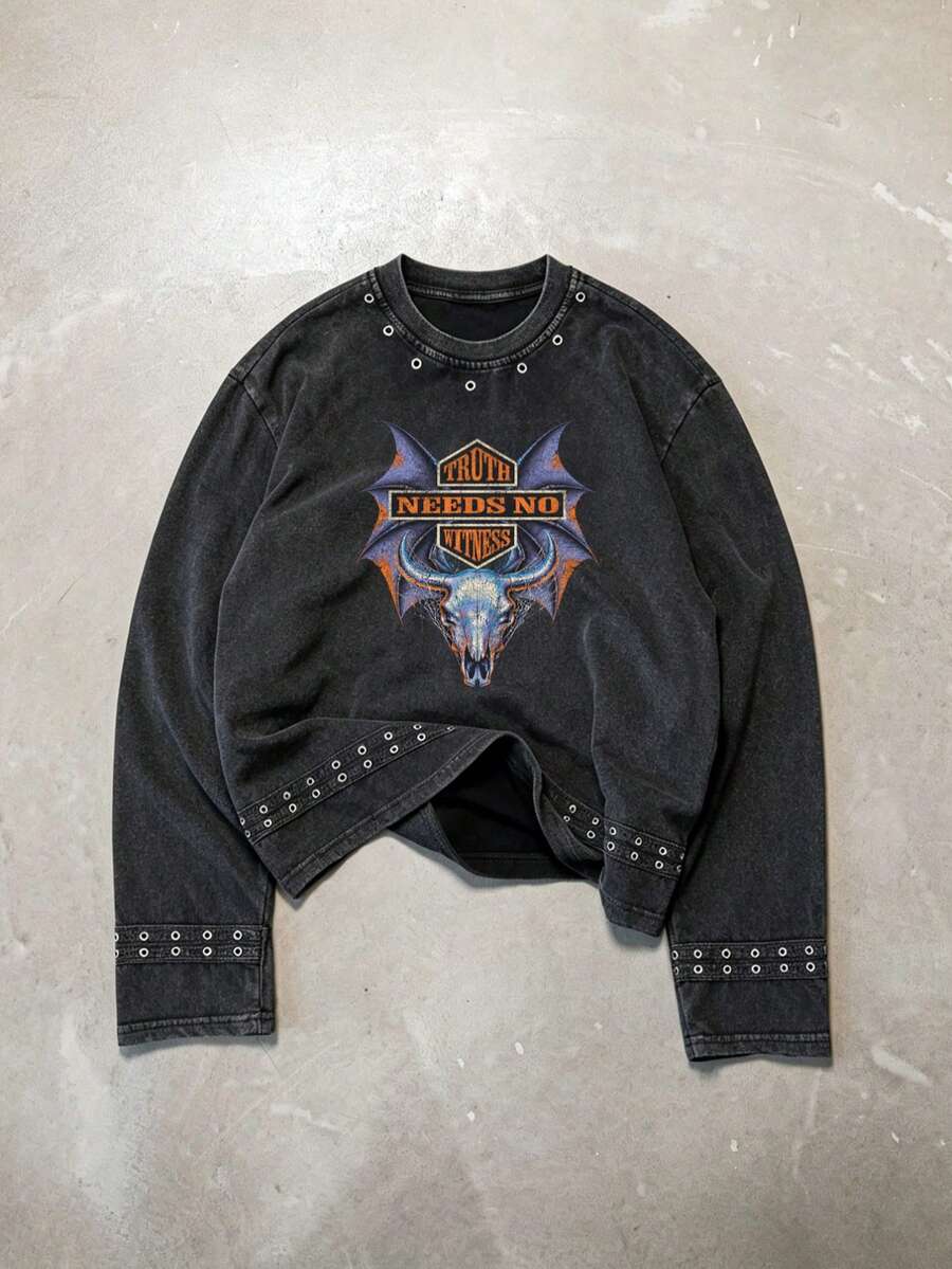 Men's New Washed Vintage Snow-Wash Long Sleeve T-Shirt With Webbing And ...