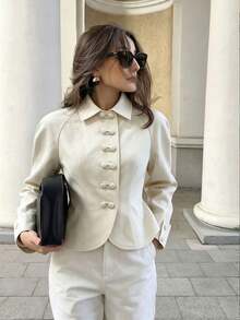Women's Solid Color Lapel Front Button Long Sleeve Short Jacket, Spring/Autumn Casual Commute Outerwear - Apricot - View 2