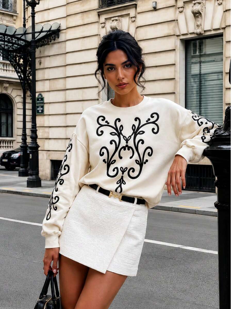 Zerodot Women Cream Graphic Printed Pullover Sweatshirt Casual Daily Fall Winter Pre Fall - Apricot - View 1