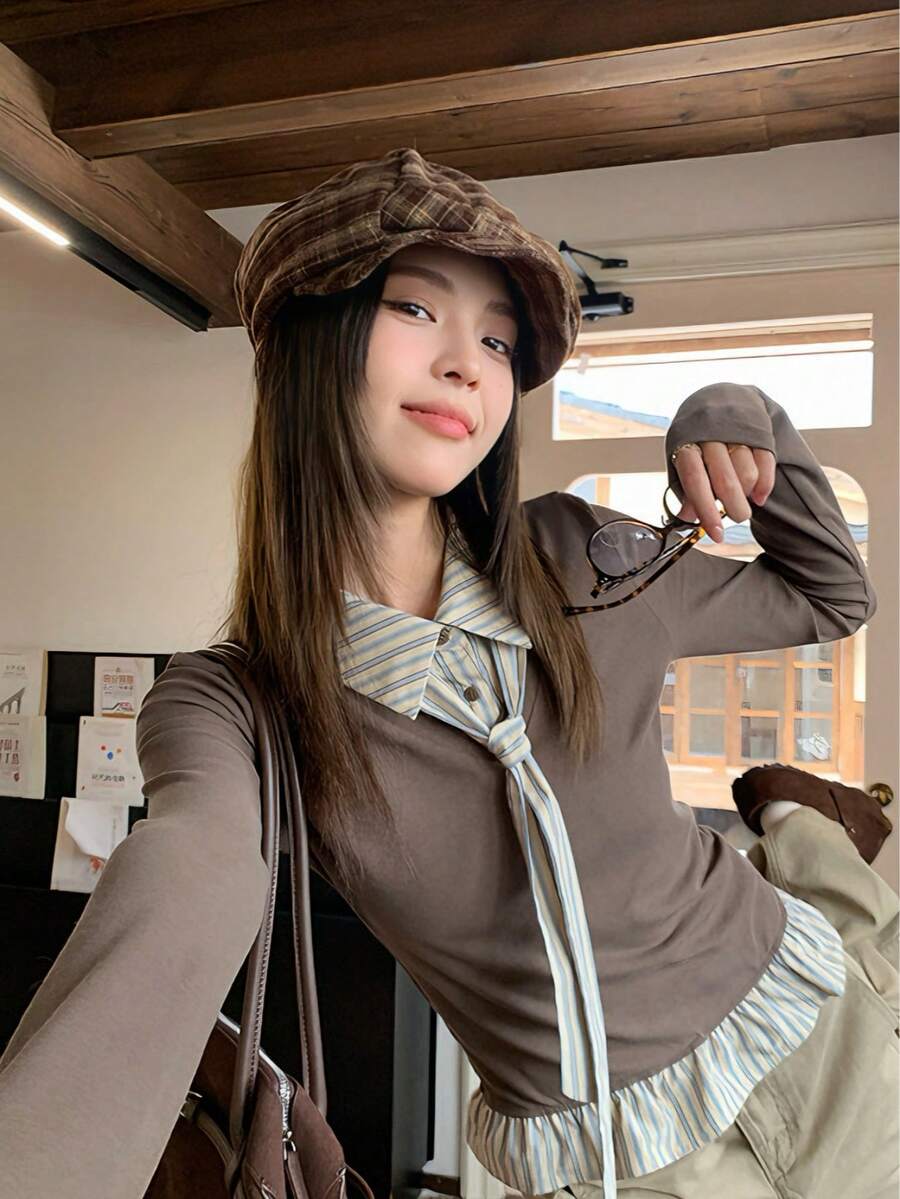 Áo nữ dáng ôm tay dài mùa thu, phong cách preppy casual phối màu color block, cổ kẻ sọc kèm nơ, 2 trong 1, gấu bèo nhún - Màu xám đen - Xem 1
