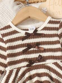 1pc Baby Girl Vintage Cute Knitted Jacquard Striped Long Sleeve Dress, Thin Spring/Autumn Mori Style - Brown - View 3