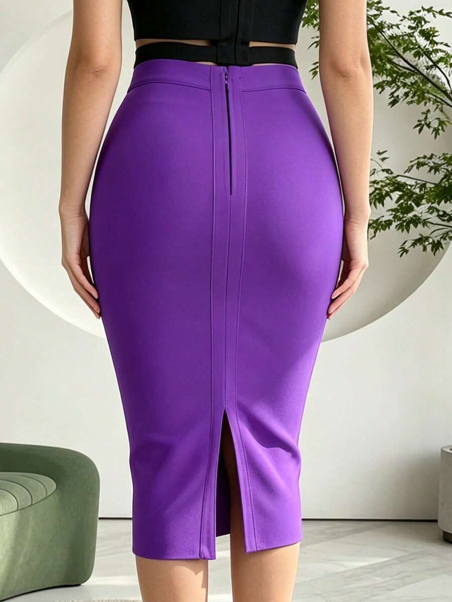 Women's Elegant Purple Fitted Midi Pencil Skirt With Slit And Bodycon Design