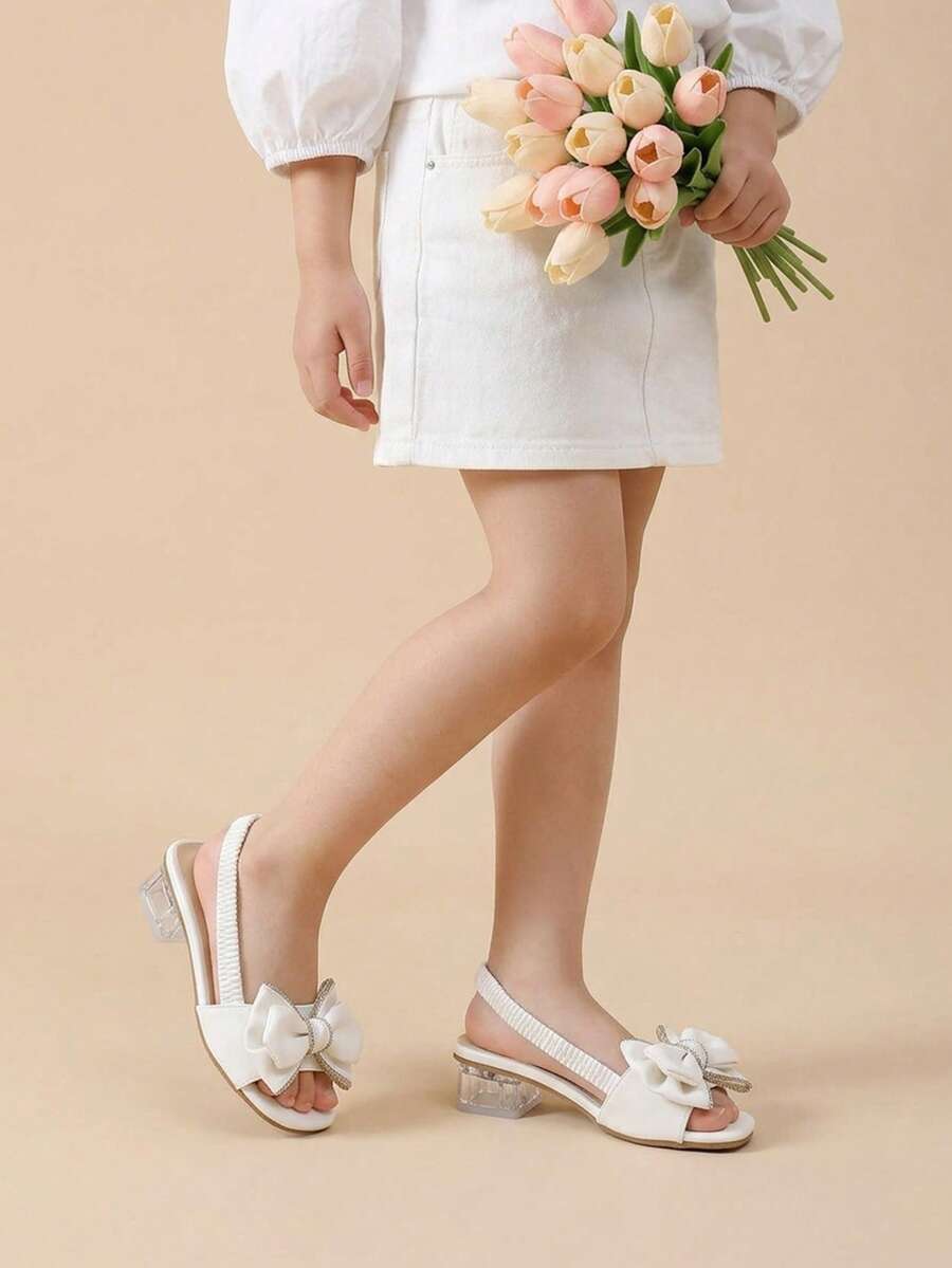1 Pair Girls White Bow Rhinestone Open Toe Square Toe Slip-On Elastic ...
