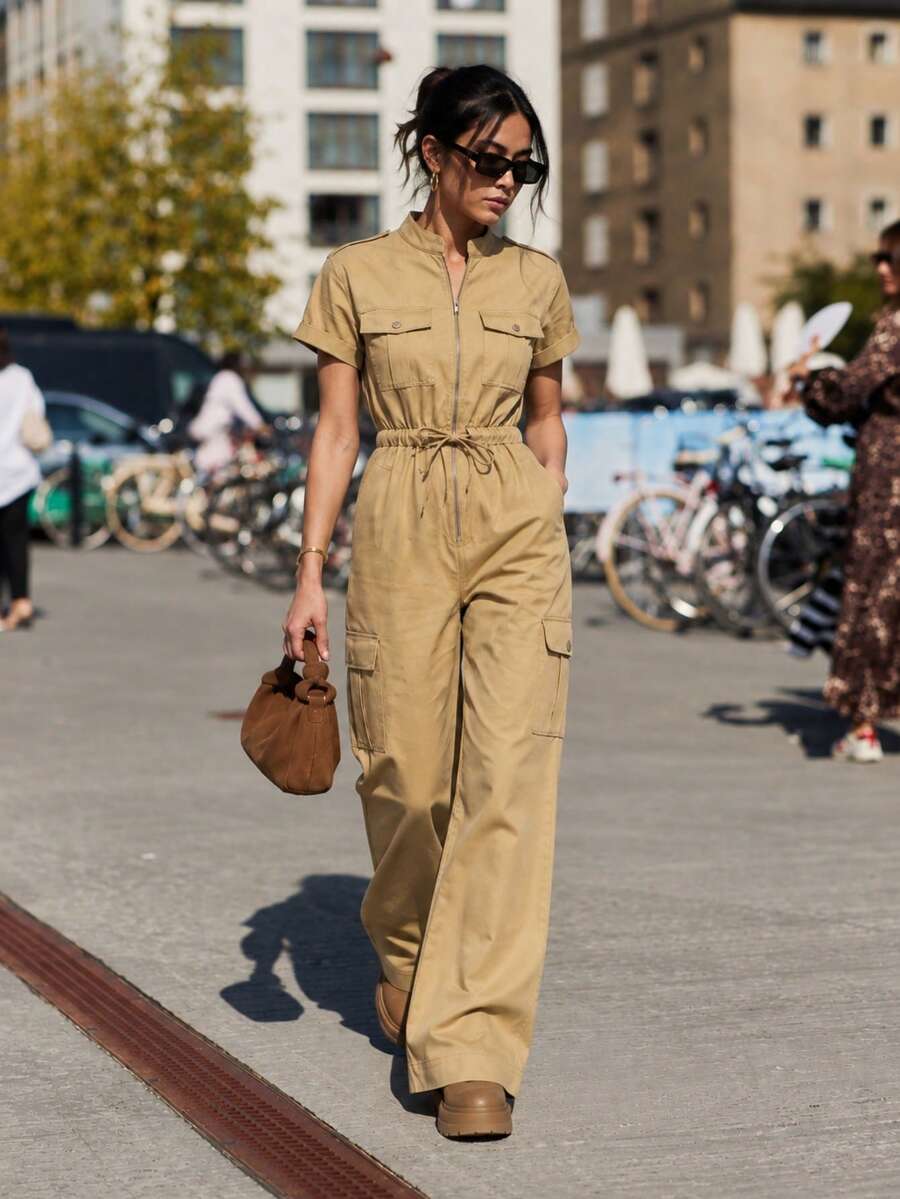 Zerodot Women Khaki Short Sleeve With Cinched Waist Wide Leg Cargo Jumpsuit Formal Office Fall Pre Fall - Mustard Yellow - View 1