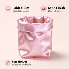 Pink Satin Texture Storage Cup, Ruched Drawstring Makeup Brush Holder, Creative Desktop Stationery & Sundries Organizer, Girly Bedroom Vanity Decor, Birthday Gift For Best Friend/Girlfriend, Nordic Luxury Home Decor, B&B Model Room Display - View 2