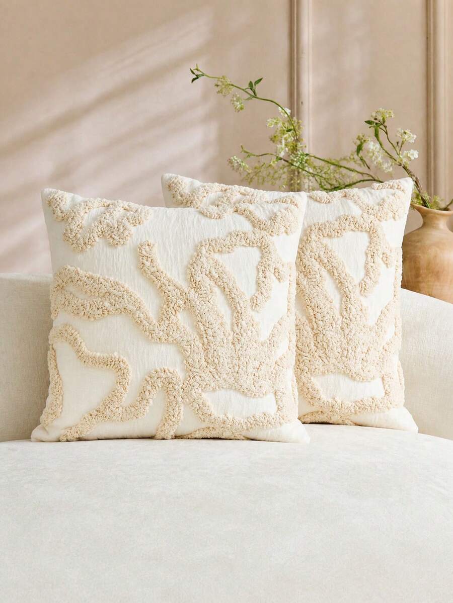 1件/2件波西米亞風簇絨抱枕套,奶油色雪尼爾刺繡靠墊套,抽象幾何線條枕套,適用沙發床,四季通用中性家居裝飾 - 米色 - 查看 1