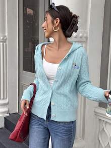 Women's Light Blue Autumn Casual School Style Knitted Cardigan, Cable Knit Hooded Design, Embroidered Details, Front Button Closure, Long Sleeve - Blue - View 5