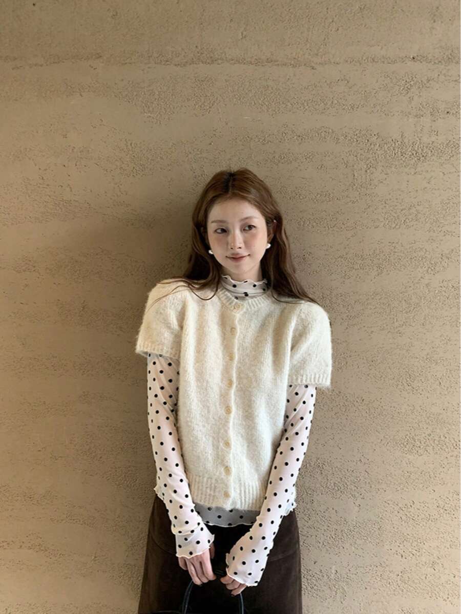 Women's Knitted Cardigan Autumn Outfit New Short Sleeve Slim Fit Korean Style Flattering Sweater Jacket - Apricot - View 1