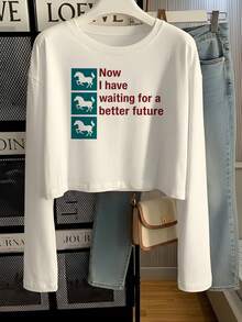 Steed Slogan Graphic Long Sleeve Crop Tee - White - View 5
