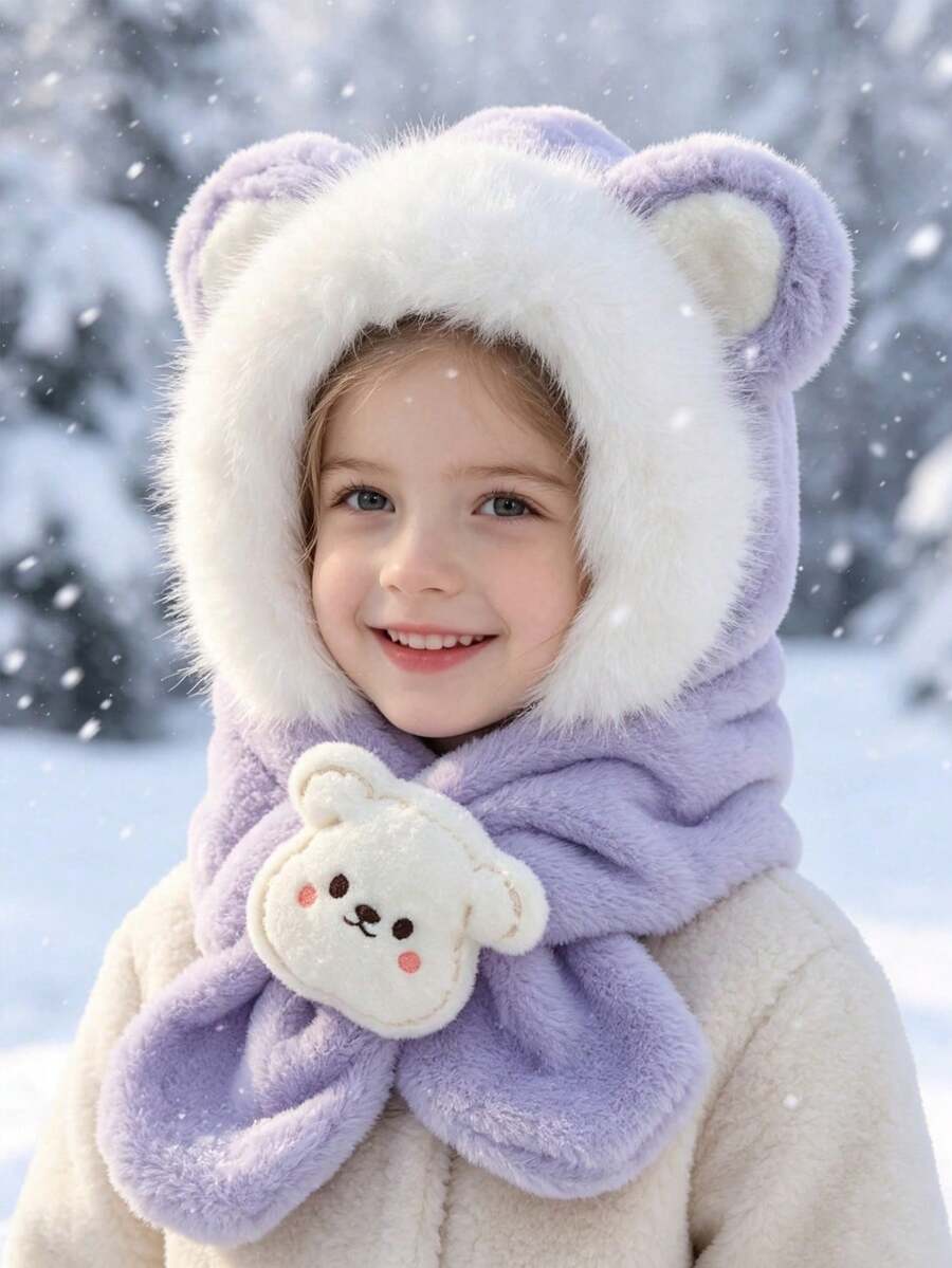 Winter Hat And Scarf 2-In-1, Plush Cartoon Ears All-In-One Hooded Scarf, Cute Cartoon Doll Accessory, Warm Winter Accessory - Multicolor - View 1