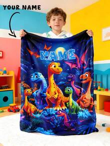 1pc Personalized Customizable Text Home Blanket, Dinosaur & Floral Pattern Commemorative Throw, Suitable For Home Sofa Bed - Multicolor - View 1