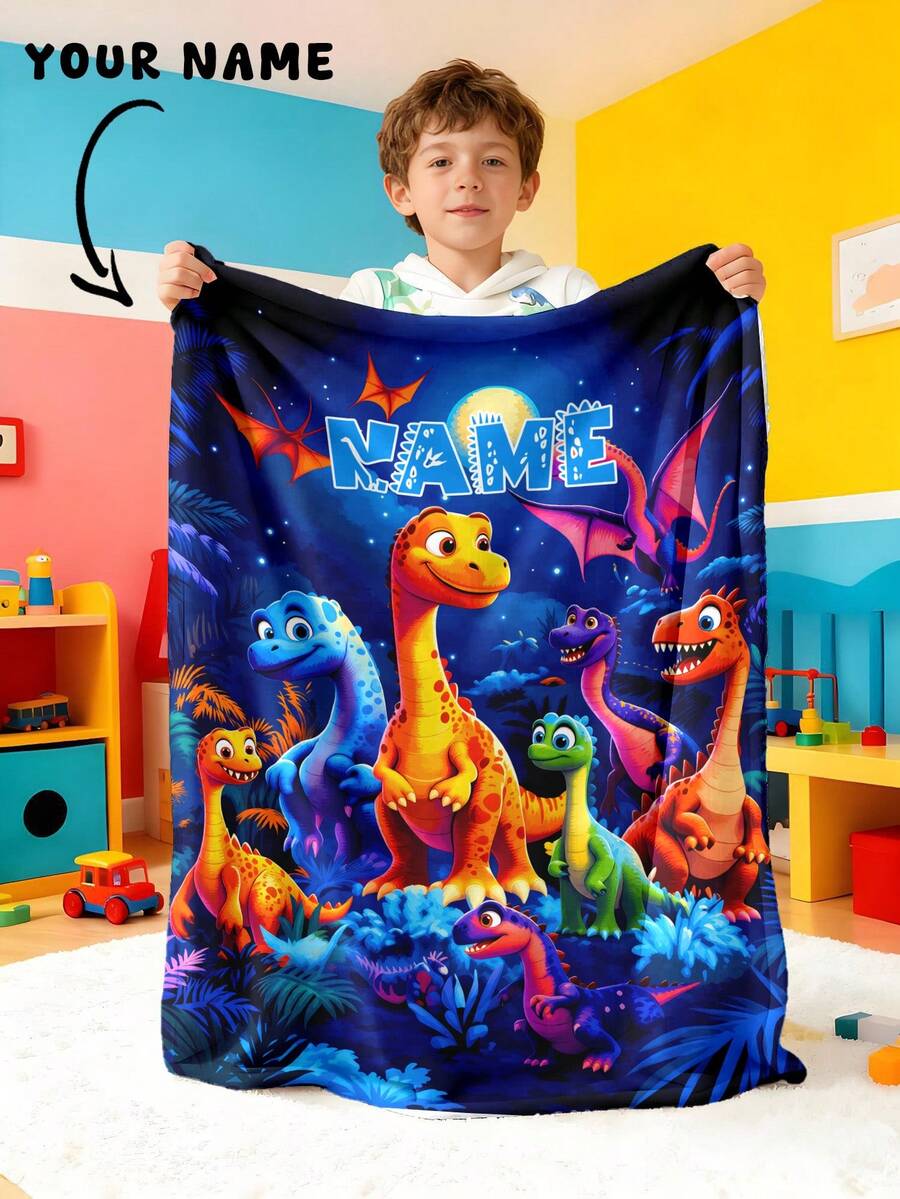 1pc Personalized Customizable Text Home Blanket, Dinosaur & Floral Pattern Commemorative Throw, Suitable For Home Sofa Bed - Multicolor - View 1