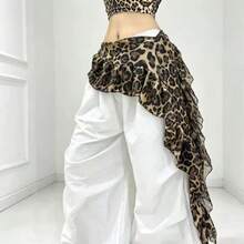 1pc Niche Fashion Jazz Dance Ruffle Waist Scarf, Layered Leopard Print Waist Belt - Multicolor - View 6