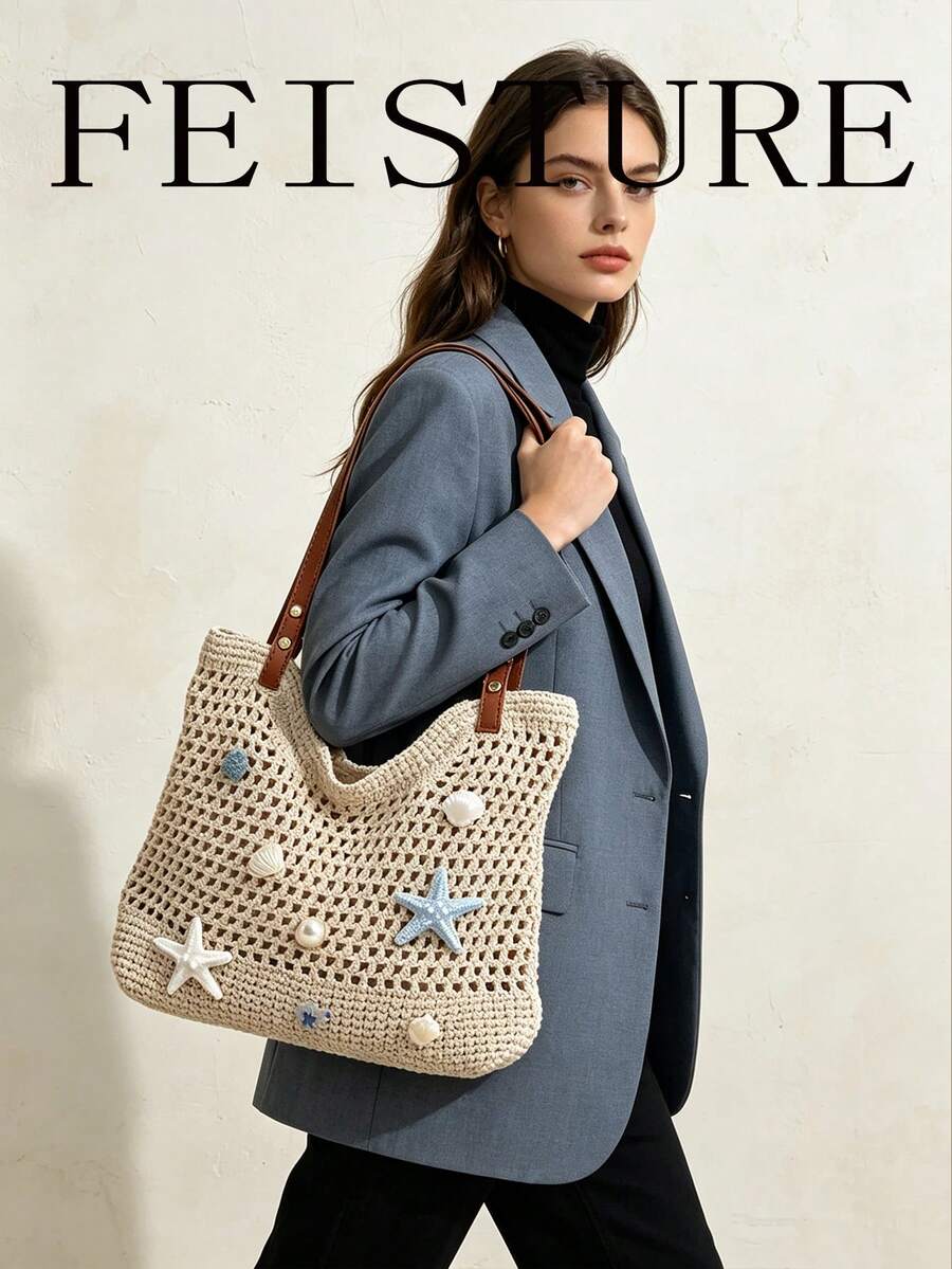 Starfish Shell Crochet Tote Bag, Beige Hollow Beach Small Size Shoulder Bag, Women's Summer Vacation Handbag