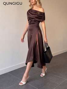 QUNGIGU Women's Asymmetric Satin Midi Dress Elegant Formal Gown For Wedding Guest Graduation Going Out - Brown - View 3