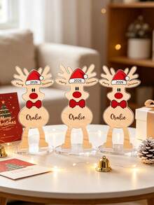1pc Personalized Reindeer Christmas Tabletop Stand, Custom Name Cute Santa Hat Rudolph Table Decoration, Custom Xmas Desktop Ornament, Holiday Keepsake Gift For Family Home Christmas Decor - Multicolor - View 5
