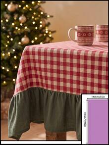1pc Red And White Plaid Patchwork Green Hem Tablecloth, Country Pastoral Style Fabric Material, Rectangular Red And White Plaid Tabletop With Green Ruffle Edge Hem Patchwork Decoration, Beautify And Protect Tabletop Function, Holiday Dining Tablecloth Suitable For Christmas And Winter Holiday Home Decor Scenes - Green - View 19