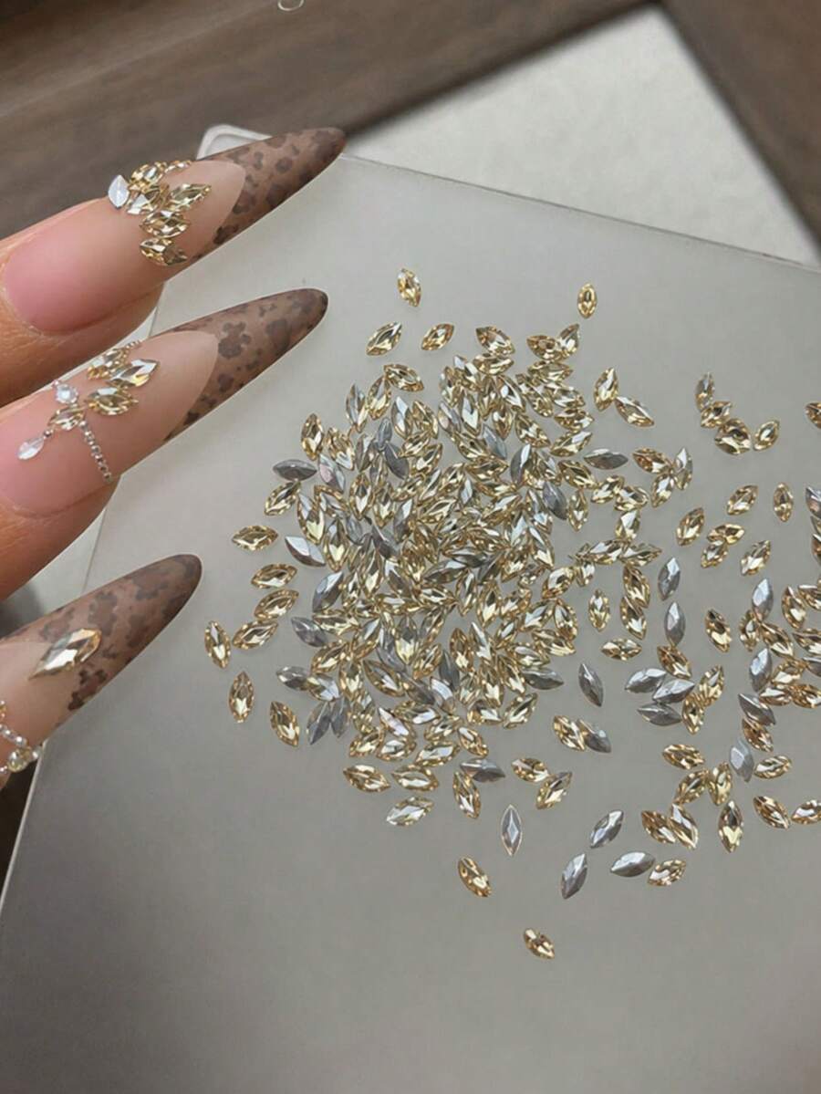 100Pcs Champagne Horse Eye Nail Rhinestones 3D Luxury Marquise Crystal Flat Back Nail Gems Stones Autumn Winter Wedding Manicure Decoration - Multicolor - View 1