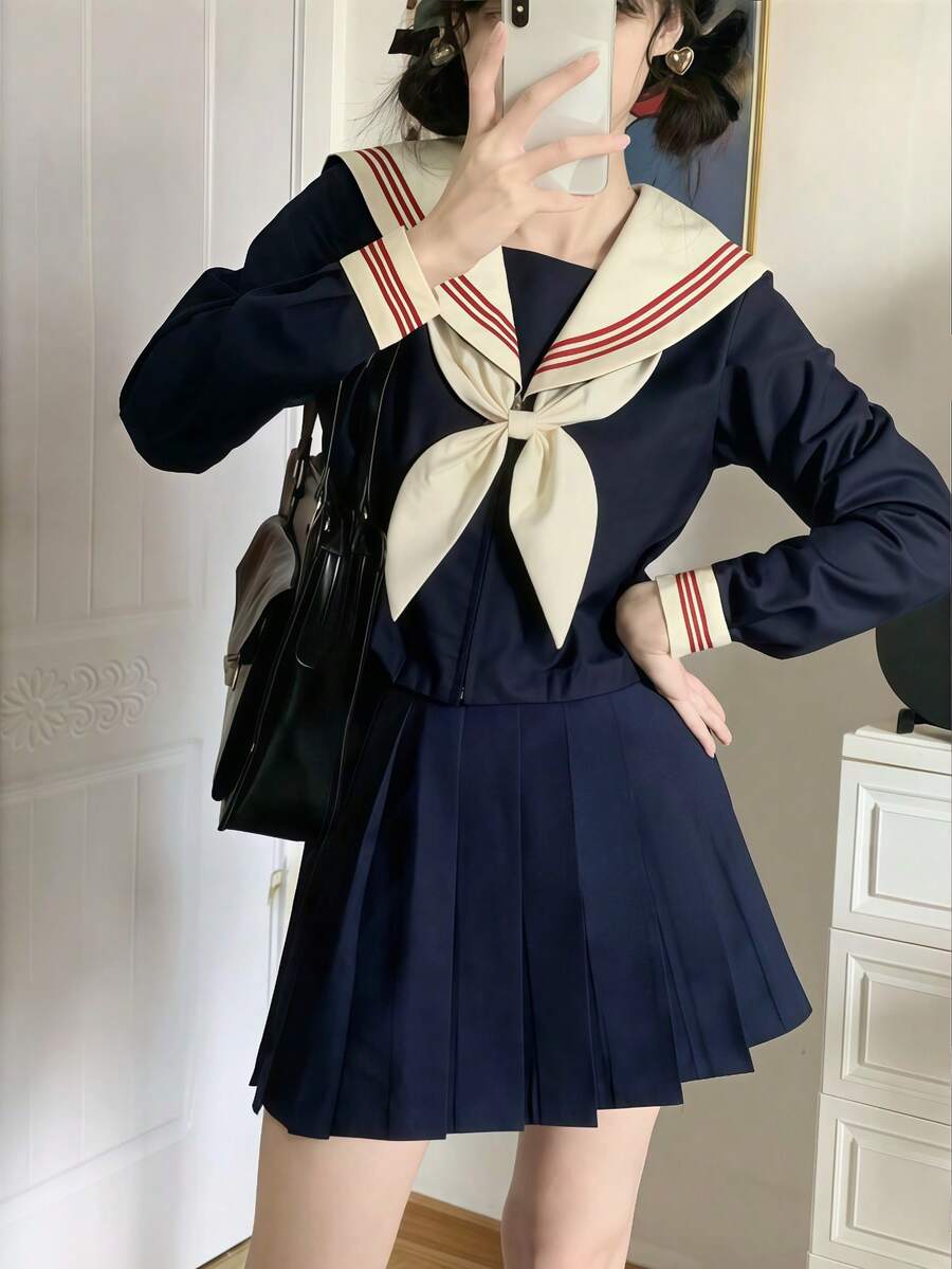 1件裝可愛校園JK制服套裝,附領結,女款水手JK制服,校園角色扮演風格套裝,白色與海軍藍長袖上衣搭配海軍藍百褶裙,適合派對、角色扮演、COSPLAY、化裝派對、畢業照、約會、動漫展、萬聖節裝扮 - 藍白色 - 查看 1