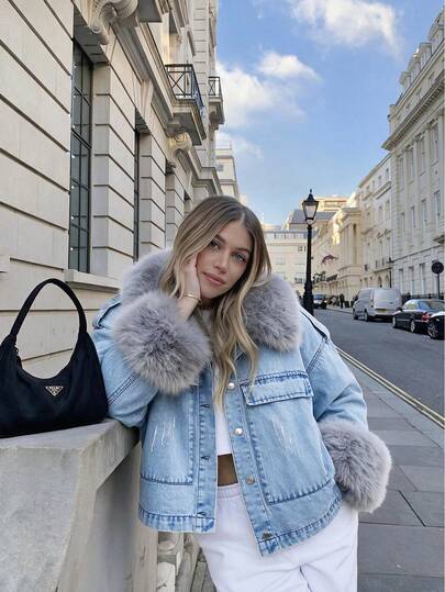 HAPPY GIRL#Autumn/Winter Fashion Festival Daily Date Travel Airport Outfit Women's Fur Collar Decoration Warm & Cold-Proof Washed Denim Jacket