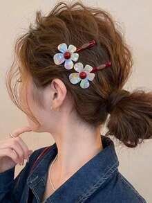 2pcs Floral Print Cute Iridescent Acetate Flower Hair Clips Side Hair Clips 2026 New Style Bangs Clips Premium Forehead Hair Accessories - Multicolor - View 4