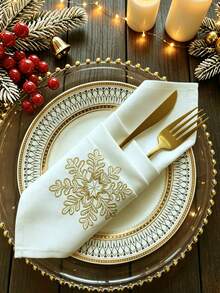 1 st 100 % polyester linneservett med broderad julsnöflinga, vit middagsservett för julhelgsparty och bordsdekoration - Guld - Visa 1