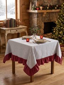 1pc Blue & White Striped Patchwork Red Bottom Edge Tablecloth, Country Vintage Style Rectangular With Red Ruffle Hem Decor, Protects And Beautifies Tabletop, Suitable For Christmas, Holiday And Winter Home Decor - Blue - View 9