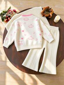WUHUANG YIYI Girls 2pcs Set: Cream White Contrast Collar Sweatshirt With Puppy Applique, Star Moon Cartoon Animal Print, Long Sleeve Knit Pullover Sweatshirt And Beige Vertical Ribbed Knit Flared Pants, Sweet Cute Style For Autumn/Winter - White - View 2
