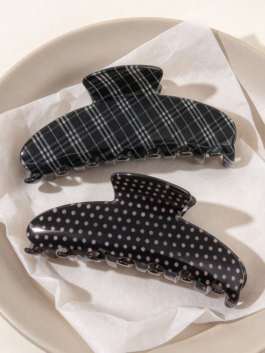 2件裝黑色半透明波點格紋半月形髮夾,高頂盤髮半紮髮飾,法式優雅精緻 - 彩色 - 查看 1